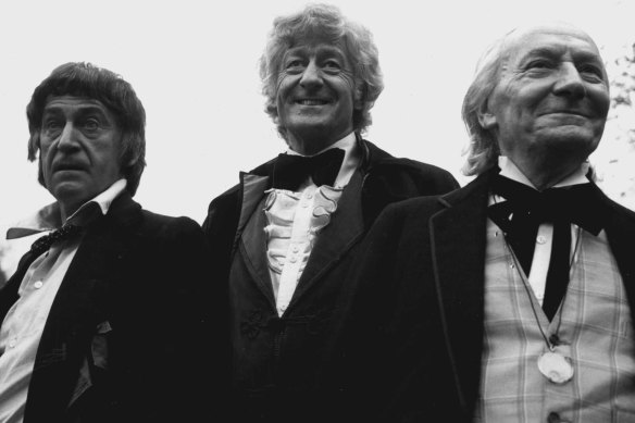 Is there a Doctor in the house? Second Doctor Patrick Troughton and third Doctor Jon Pertwee with first Doctor William Hartnell.