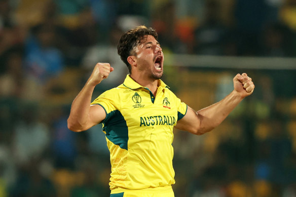 Marcus Stoinis celebrates one of his two wickets against Pakistan.