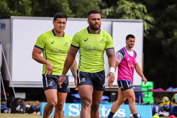 Len Ikitau (left) and Samu Kerevi at Wallabies training.