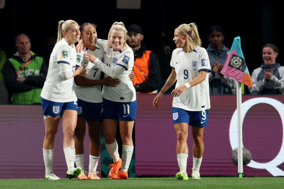 England’s Lauren James celebrates scoring their fourth goal with Rachel Daly, Lauren Hemp and Alessia Russo.