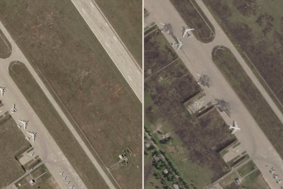 Satellite images from Planet Labs PBC show Belaya (left) on May 17 and (right) on June 4, after the drone attack.