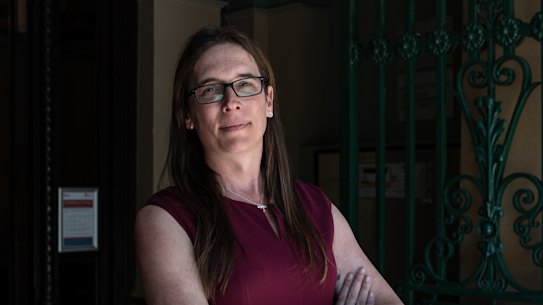 Dr Eloise Brook outside the NSW inquiry into LGBTIQ hate crimes on Thursday.
