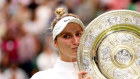 Marketa Vondrousova of Czech Republic celebrates winning the women’s singles final at Wimbledon.