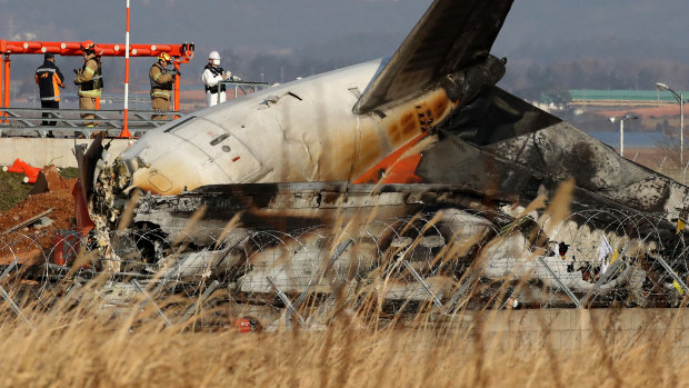 The wreckage of a passenger plane at Muan International Airport in South Korea on Sunday.