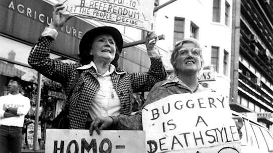Christians opposed to the Gay rights bill being passed through State Parliament protest outside Parliament House in Sydney on 15 May 1984.