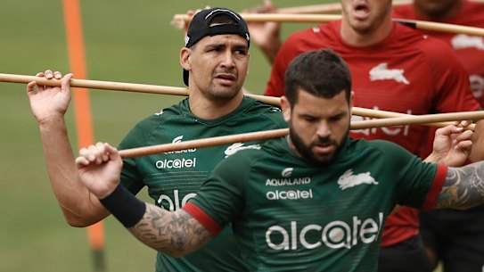 Cody Walker and Adam Reynolds at Souths training yesterday.