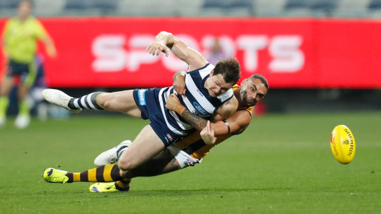 Shaun Burgoyne was fined, not suspended, for this tackle on Patrick Dangerfield in mid-2020.