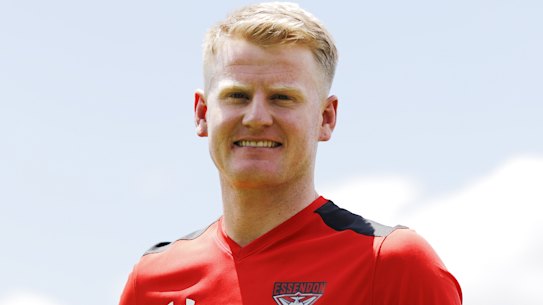 MELBOURNE, AUSTRALIA - NOVEMBER 29: Garrett McDonagh of the Bombers poses for a photo during the Essendon FC Media Opportunity at The Hangar on November 29, 2021 in Melbourne, Australia. (Photo by Dylan Burns/AFL Photos via Getty Images)