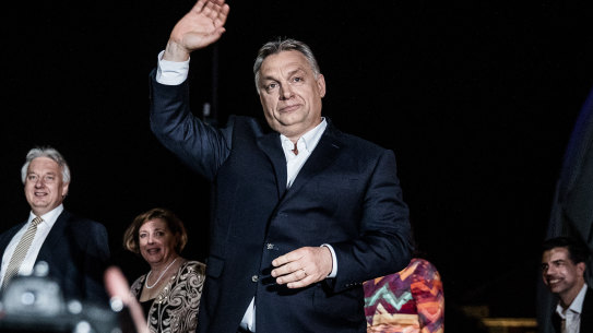 Viktor Orban, Hungary's prime minister, waves while arriving at the Fidesz party headquarters in 2018.