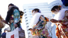 Kimono-clad women, who have just turned 20, take part in a “coming of age” ceremony in Yokohama.