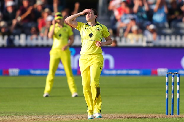 Megan Schutt of Australia reacts to a boundary during the Women's Ashes 1st We Got Game ODI match between England and Australia at Seat Unique Stadium on July 12, 2023 in Bristol, England. (Photo by James Gill - Danehouse/Getty Images)