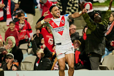 Valentine Holmes of the Dragons celebrates scoring a try during the round 18 NRL match between St George Illawarra Dragons and Wests Tigers at Jubilee Oval, on July 04, 2026, in Sydney, Australia.