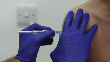 A Phase 3 Novavax Coronavirus Vaccine Trial Vaccine Volunteer Gets An Injection At St George's University Hospital In London. 