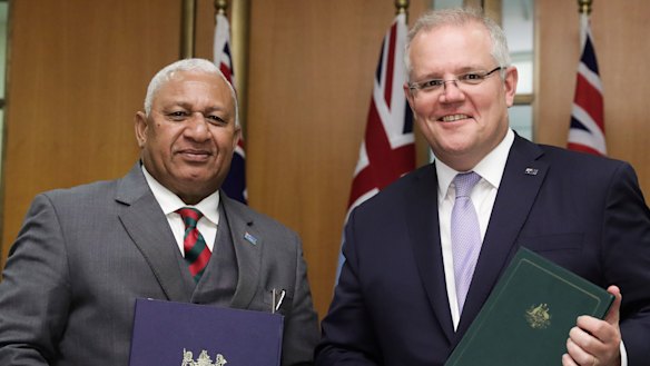 Prime Minister of Fiji Frank Bainimarama and Prime Minister Scott Morrison during a signing ceremony in September 2019.