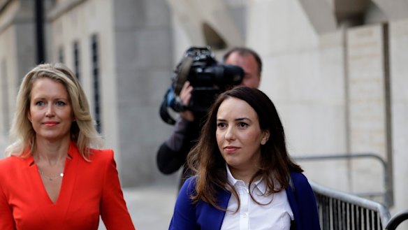 Stella Moris, right, the partner of WikiLeaks founder Julian Assange, and his lawyer Jennifer Robinson, left, arrive at the Central Criminal Court, the Old Bailey.