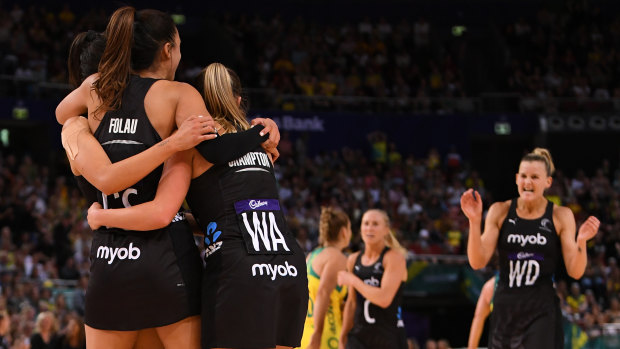 The Silver Ferns celebrate their win in Sydney.