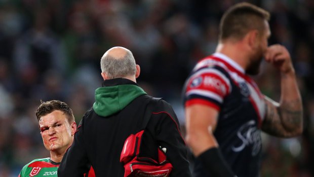 Liam Knight stares down Jared Waerea-Hargreaves after he was concussed at the end of 2019.