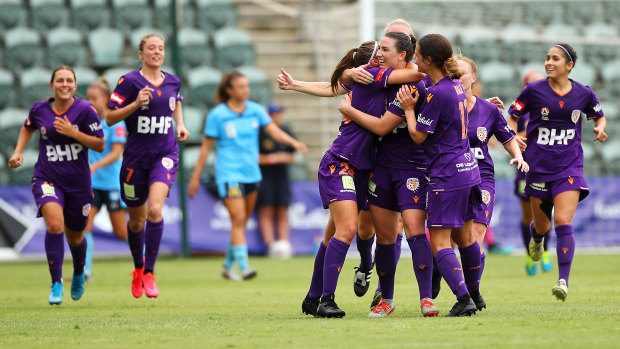 Morgan Andrews of the Glory celebrates after scoring against Sydney FC.