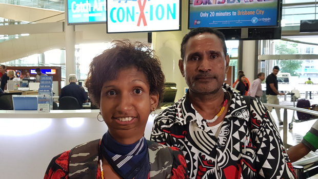 Vascolynna Agamo with father Duane Agamo on arrival at Brisbane Airport before her surgery on Saturday.