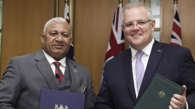 Prime Minister of Fiji Frank Bainimarama and Prime Minister Scott Morrison during a signing ceremony in September 2019.