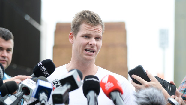 Fronting up: Steve Smith speaks about the ball-tampering saga in Sydney last week. Justin Langer, however, says his face-to-face talks with Smith are more important in gauging the former skipper's present mood. 