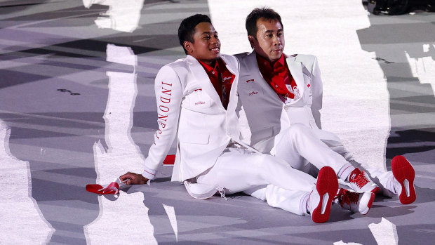 Indonesia athletes look on during the opening ceremony. 