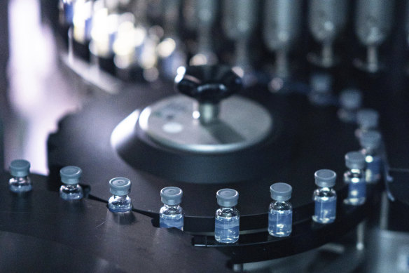 Vials of Pfizer’s updated COVID-19 vaccine during production in Kalamazoo, Michigan.