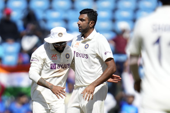 India’s Ravichandran Ashwin celebrates the wicket of Pat Cummins with Ravindra Jadeja.