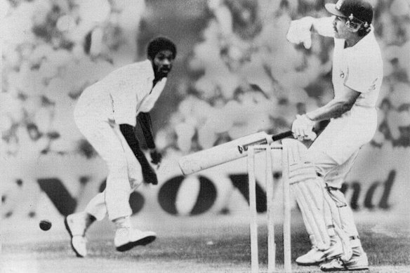 Australian batsman Bruce Laird is struck on the hand by a Michael Holding delivery in 1980.