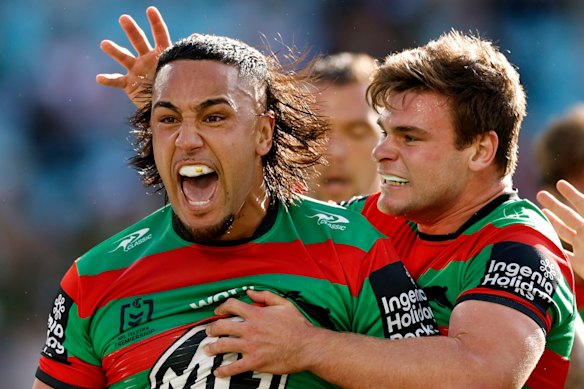 Keaon Koloamatangi celebrates his try against the Warriors.