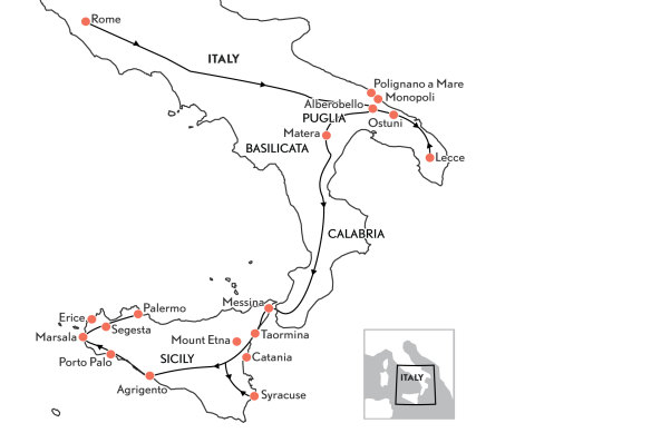The route through southern Italy.