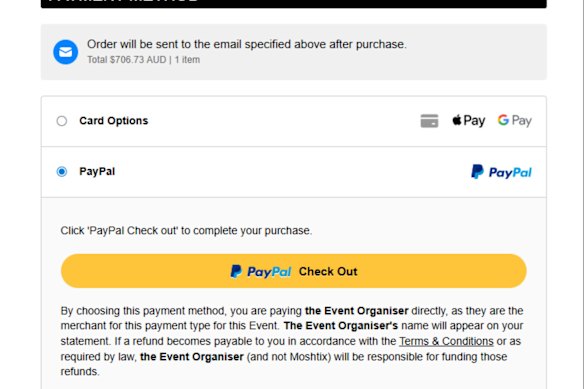 A screenshot of the disclaimer shown to Bluesfest customers buying tickets from Moshtix using PayPal (a similar message was shown to those using Stripe). 