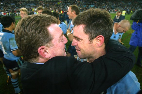 Phil Gould and Brad Fittler during NSW’s Origin series victory in 2004.