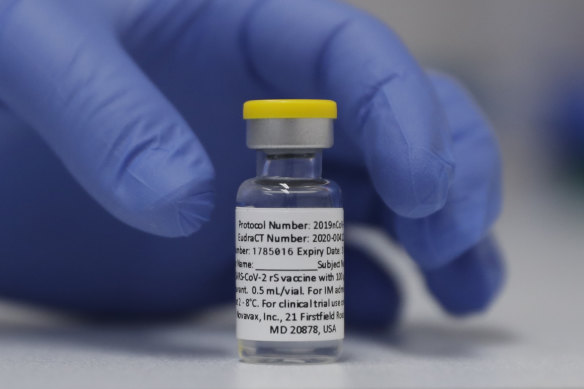 A vial of the Phase 3 Novavax coronavirus vaccine.