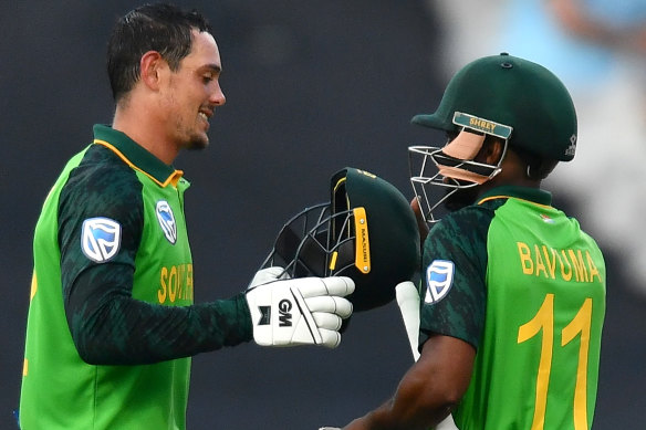 Quinton de Kock celebrates after scoring a century during the 1st ODI match between South Africa and England at Newlands.
