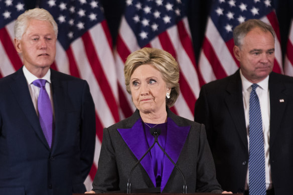 Hillary Clinton concedes the presidential election supported by her husband, former president Bill Clinton and her running mate, Tim Kaine, in 2016.