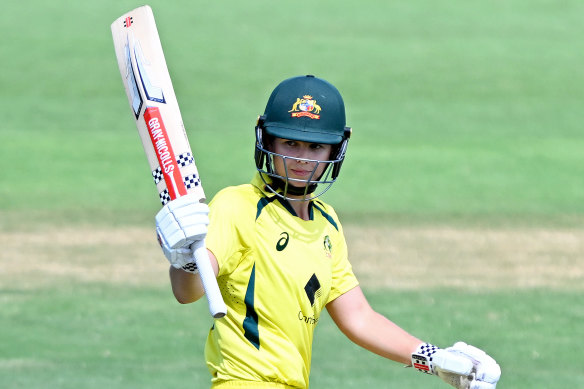 Phoebe Litchfield celebrates her half century on Wednesday against Pakistan.