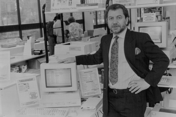 Alan Sugar with an Amstrad computer (the name comes from Alan Michael Sugar Trading) in 1990.