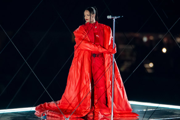 Looking both cool and hot: Rihanna performs at this year’s Super Bowl.