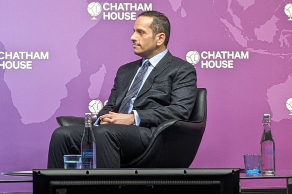Qatar’s Foreign Minister Mohammed bin Abdulrahman bin Jassim Al Thani speaking at Chatham House in London on Wednesday, February 16, 2022.