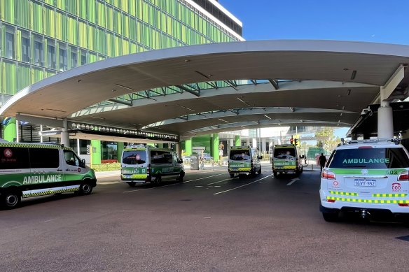 Ambulances wait outside of the emergency department at Sir Charles Gairdner Hospital in March. 