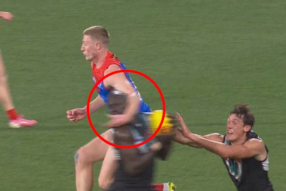 In trouble: Melbourne forward Jacob van Rooyen clashed with Port Adelaide’s Aliir Aliir on Saturday night.