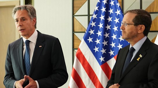 US Secretary of State Antony Blinken speaks with Israel’s President Isaac Herzog in Tel Aviv.