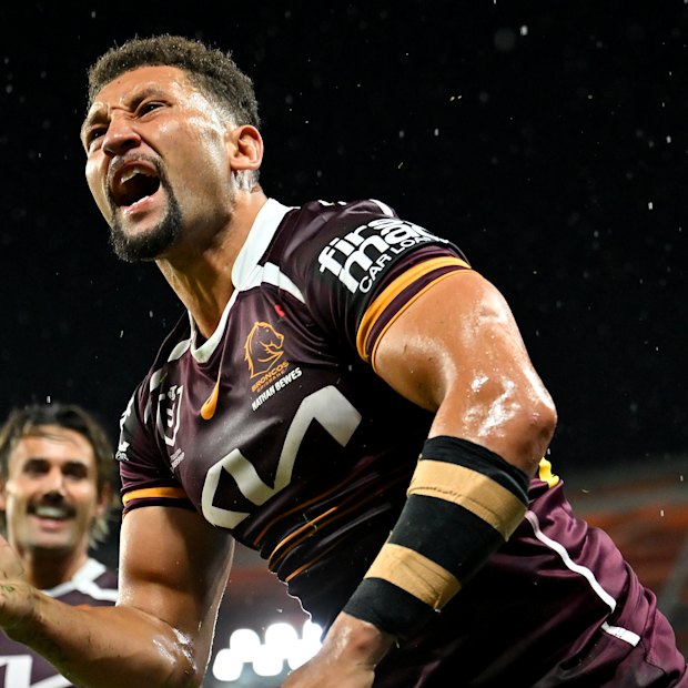 Gehamat Shibasaki celebrates a try for Brisbane.