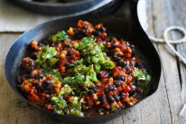 Chilli black beans with jalapeno salsa.