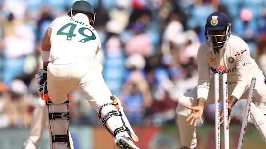 Steve Smith is knocked over by India’s Ravindra Jadeja for 37.