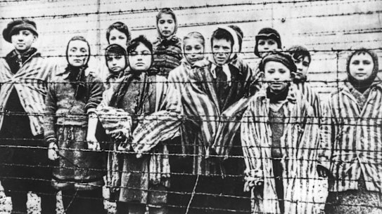 Jewish prisoners during their liberation from the Auschwitz concentration camp in January 1945. 
