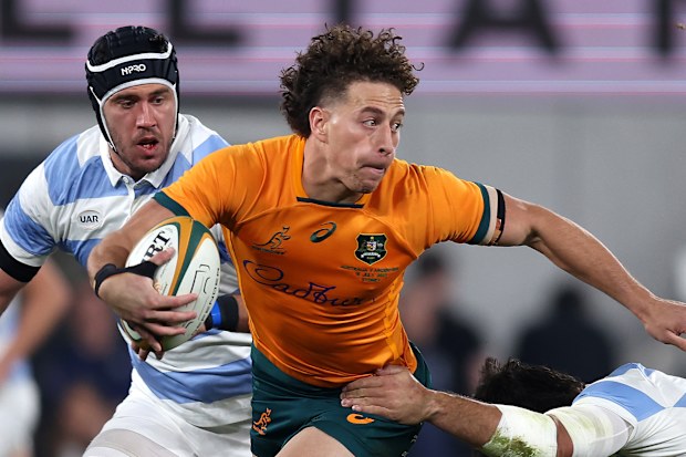 Mark Nawaqanitawase of the Wallabies is tackled during the Rugby Championship match against Argentina.