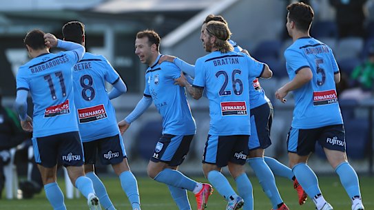Adam Le Fondre celebrates after converting from the spot at Mars Stadium in Ballarat.