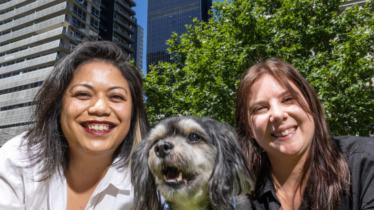 All in the family: Former partners Klyde Salcedo (left) and Emma Kennedy, with their dog, Snickers, whom they consider “our child”.
